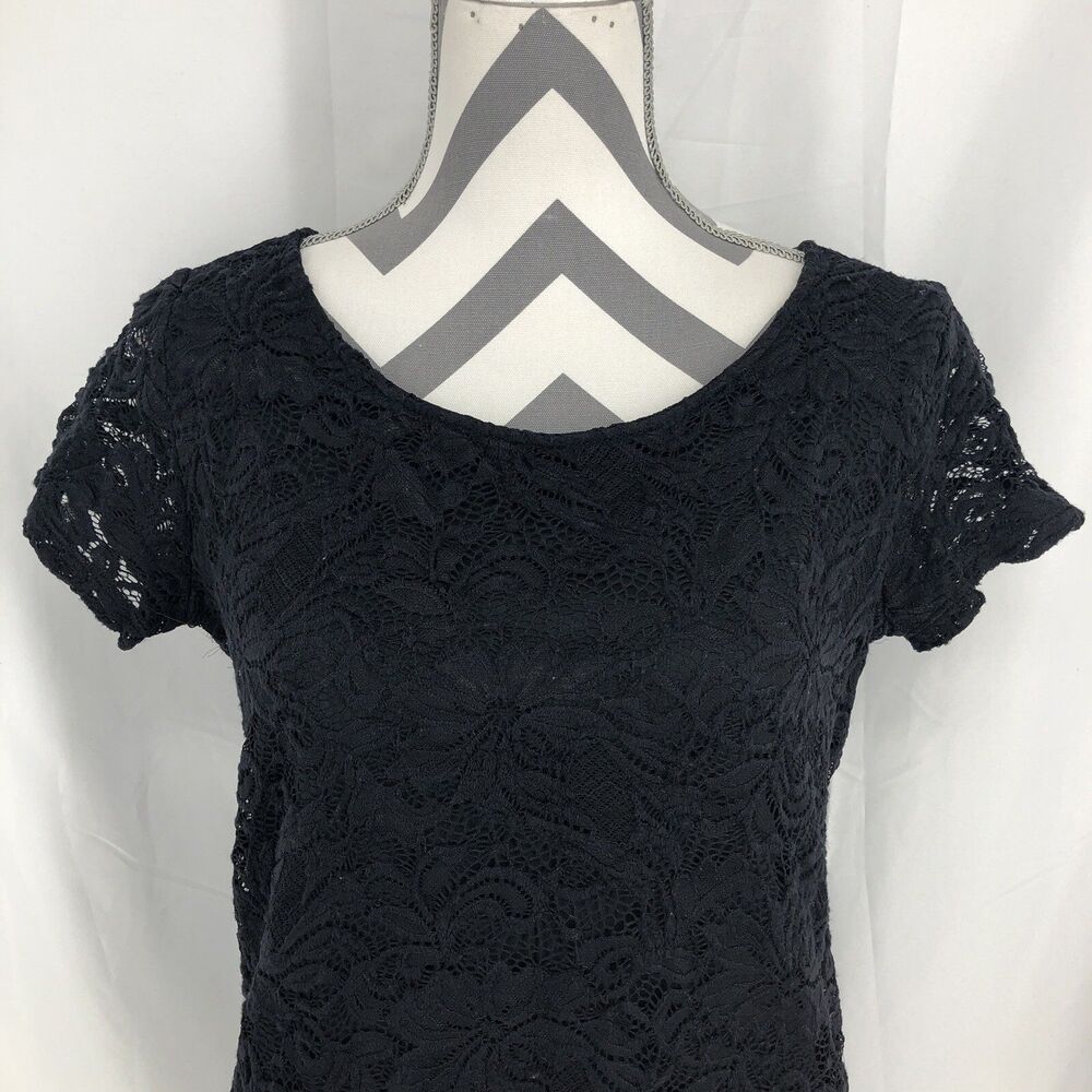 Lynn Ryan Black Short Sleeve Crochet Lace Lined Shirt Blouse M5732 Large